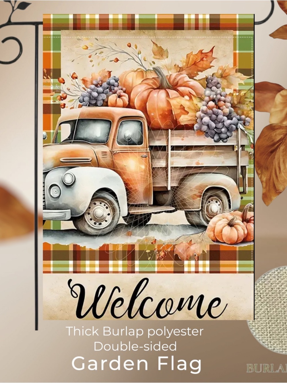 Fall Harvest Welcome Garden Flag, Burlap, double-sided, approx 12”x18”